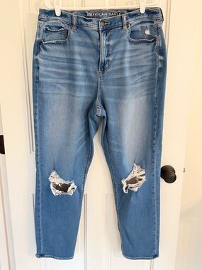 American Eagle Mom Jeans 16 Long High Rise Distressed Stretch‎ Denim